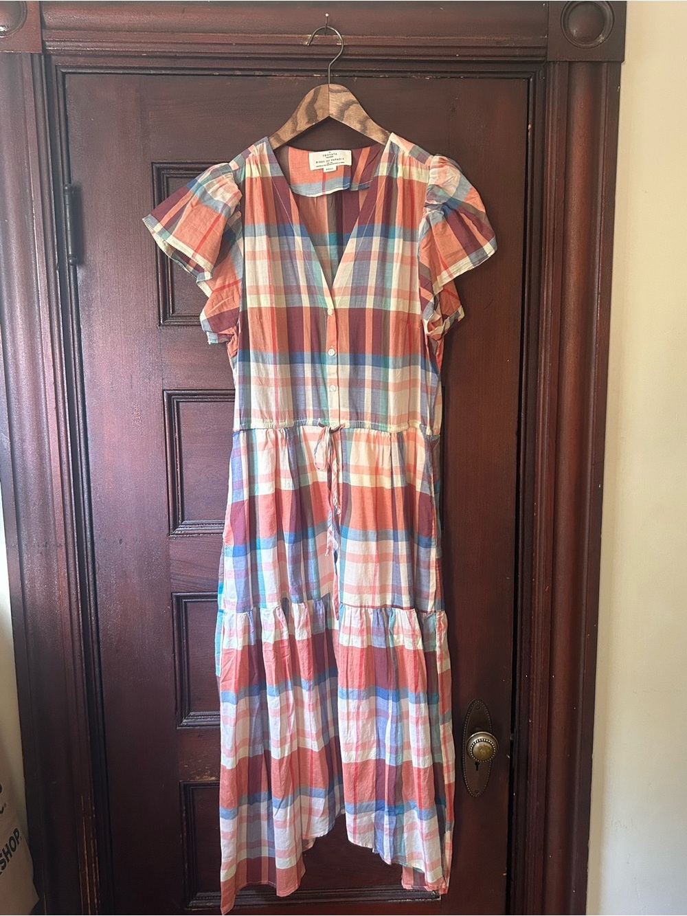 Trovata Birds of Paradis Kristi Dress Market Plaid Boho Flutter Sleeve Cottage - Picture 6 of 13
